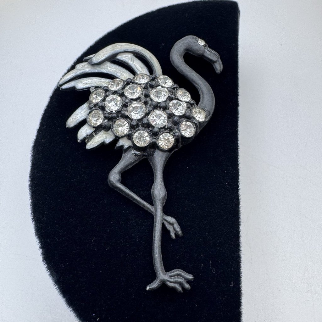 Vintage Black Tone White Rhinestone Enamel Flamengo Pin Brooch 3.2